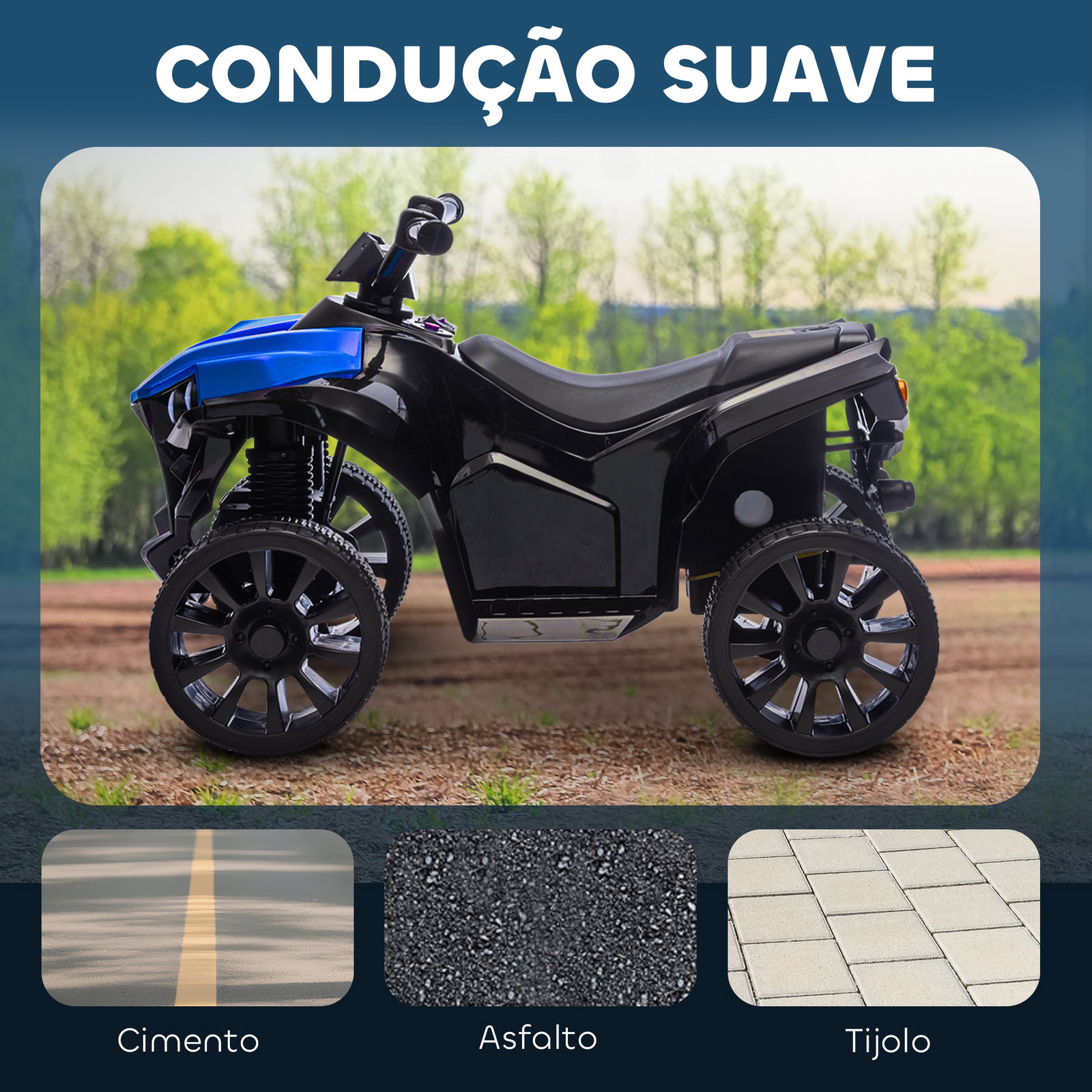 Quadriciclo elétrico para crianças 6 v quadriciclo para crianças com velocidade até 3 km/h faróis e música 70x42x45 cm azul