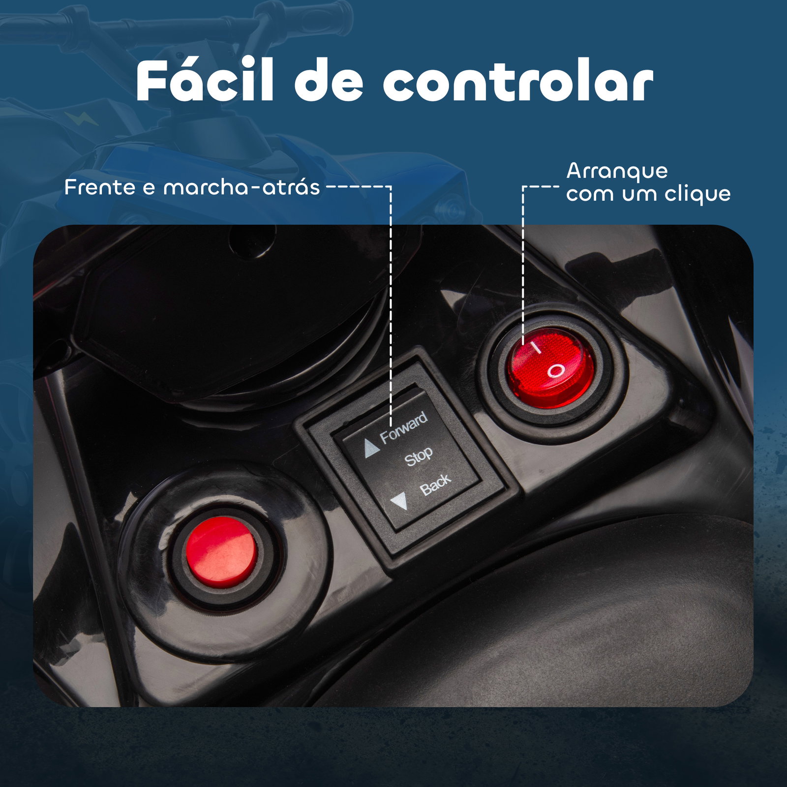 Quadriciclo elétrico para crianças 6 v quadriciclo para crianças com velocidade até 3 km/h faróis e música 70x42x45 cm azul