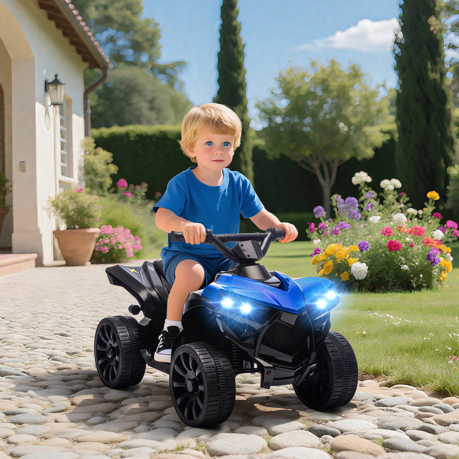 Quadriciclo elétrico para crianças 6 v quadriciclo para crianças com velocidade até 3 km/h faróis e música 70x42x45 cm azul