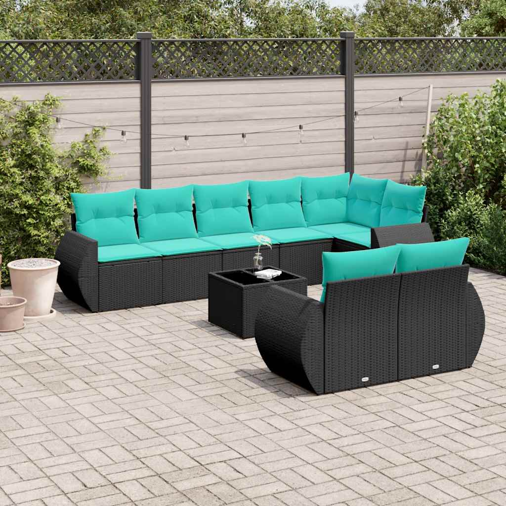 Conjunto de sofá de jardim de 9 peças com almofadas em rattan sintético preto