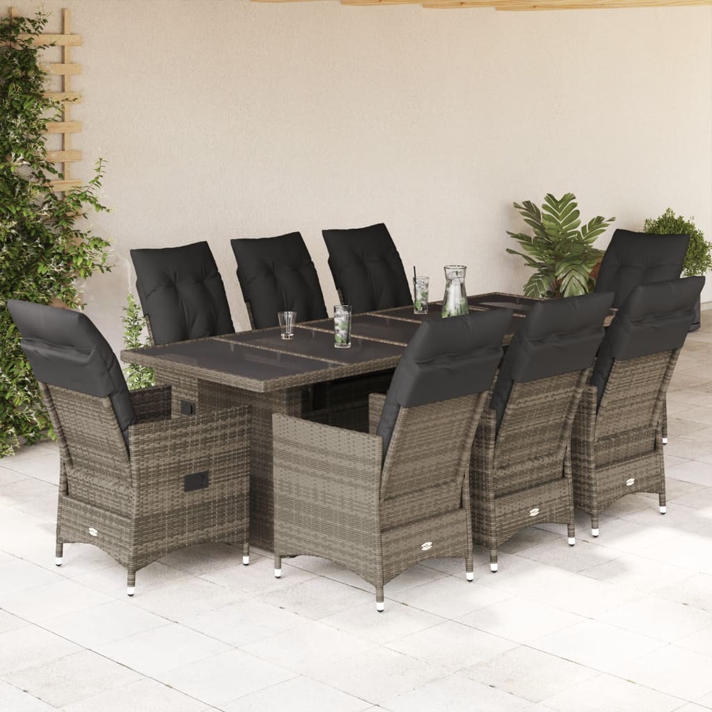 9 Pcs conjunto bistrô de jardim c/ almofadões vime PE cinzento