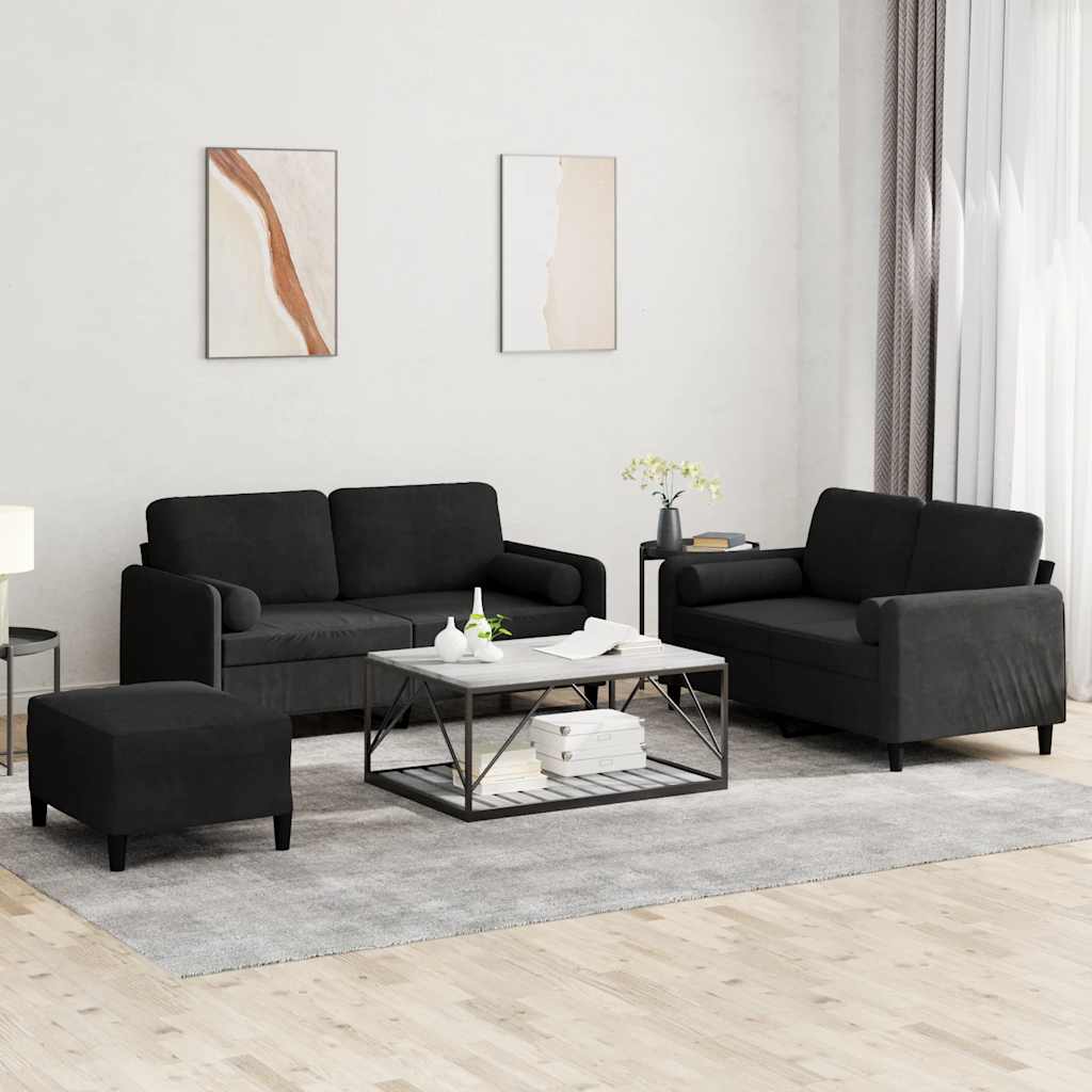 3 Pcs conjunto de sofás com almofadas veludo preto