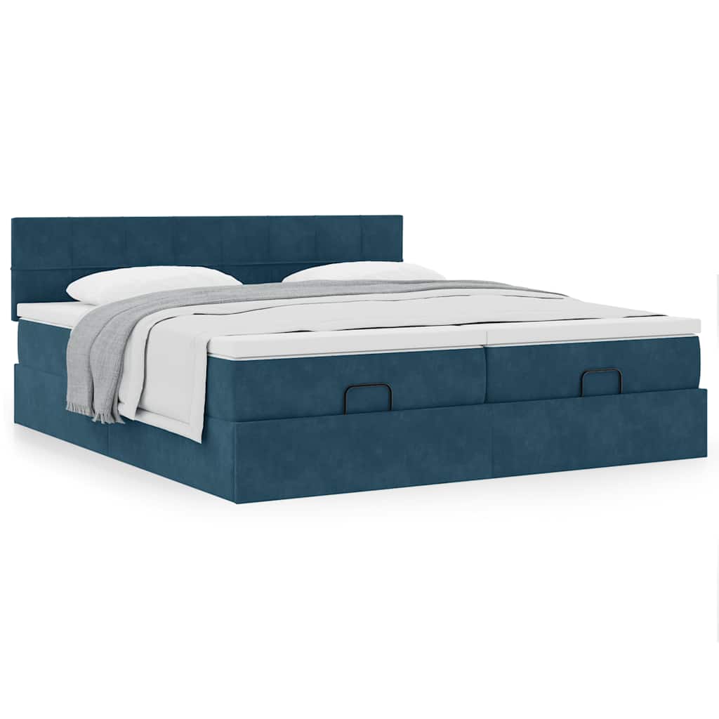 Estrutura de cama otomana com colchão azul escuro veludo