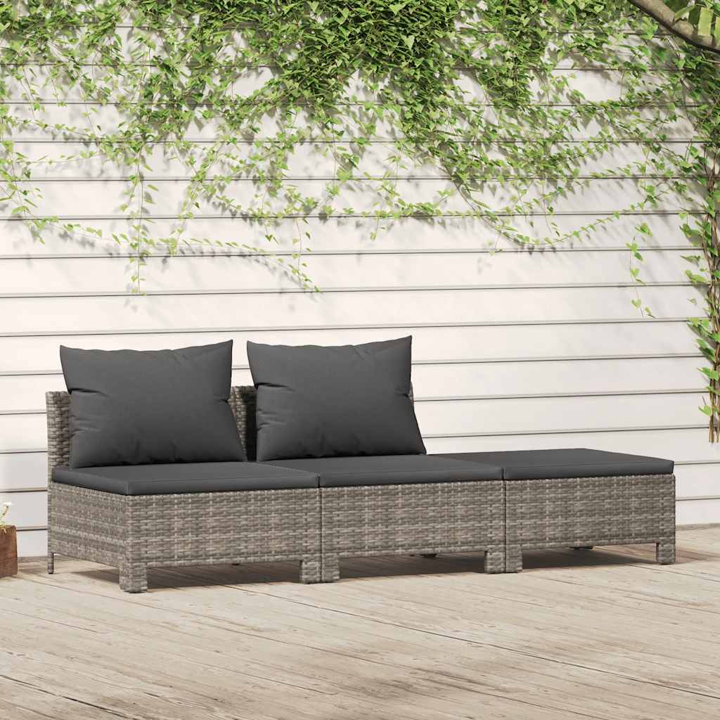 Conjunto de lounge de jardim de 3 peças com almofadas em vime sintético cinza