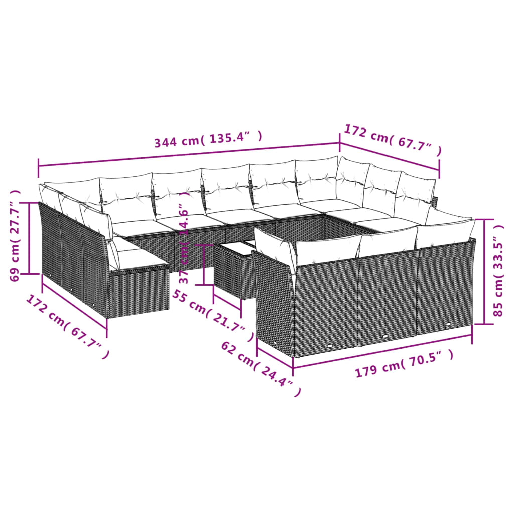 14 Pcs conjunto sofás p/ jardim c/ almofadões vime PE cinzento