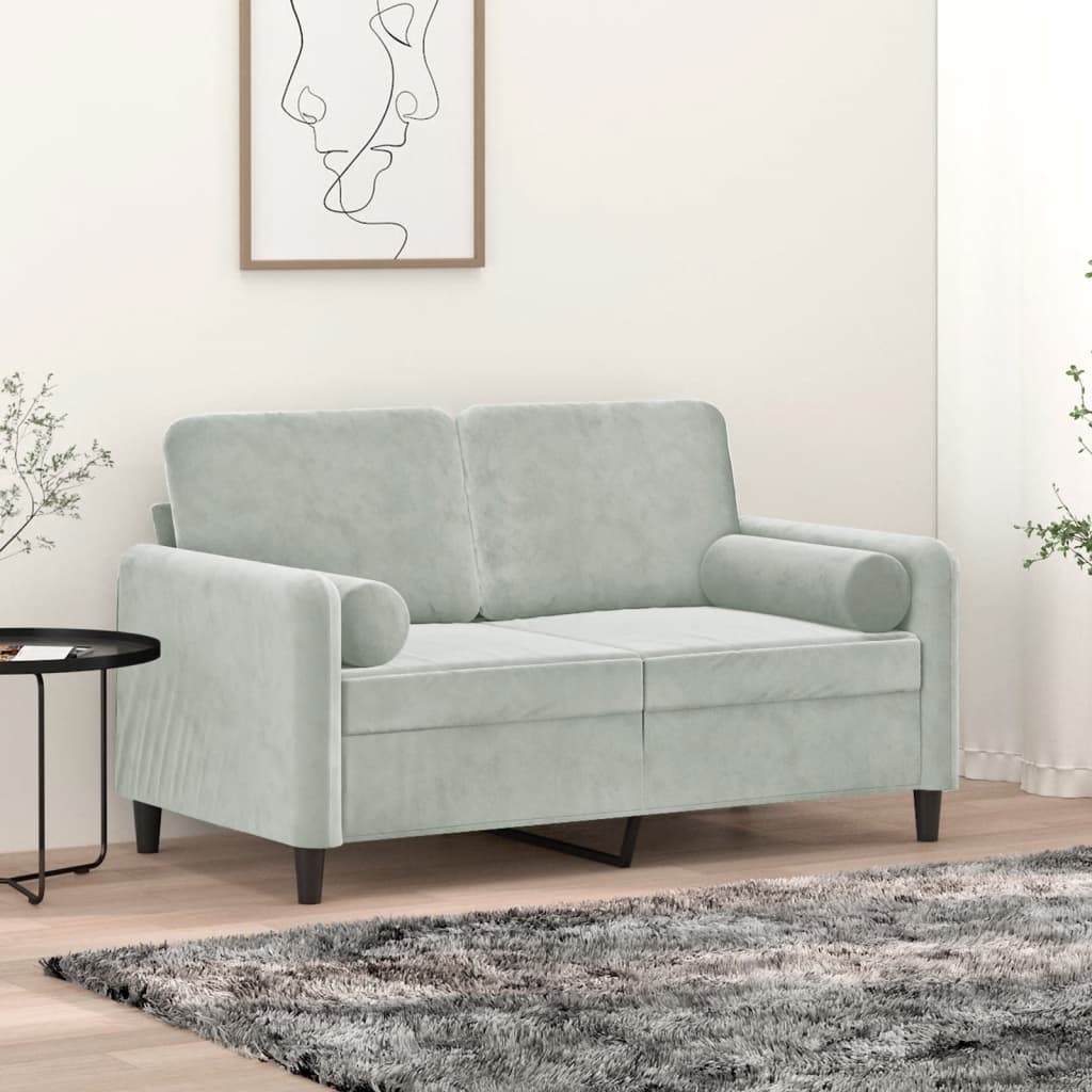 Sofá 2 lugares + almofadas decorativas 120cm veludo cinza-claro