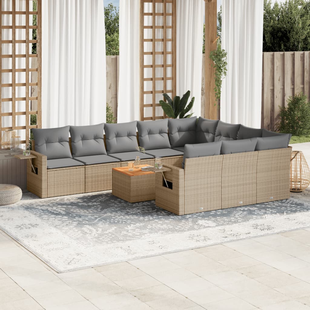 11 Pcs conjunto sofás de jardim c/ almofadões vime PE bege