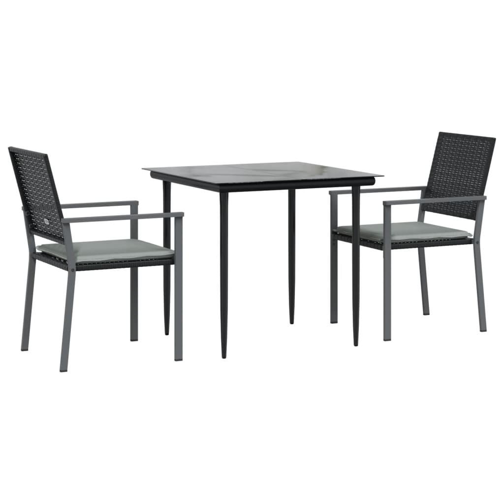 3 Pcs conjunto de jantar p/ jardim c/ almofadões vime PE e aço