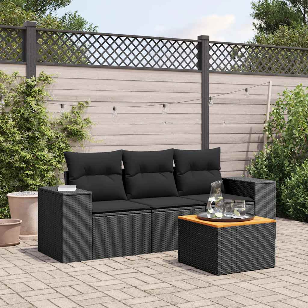 4 Pcs conjunto de sofás para jardim c/ almofadões vime PE preto