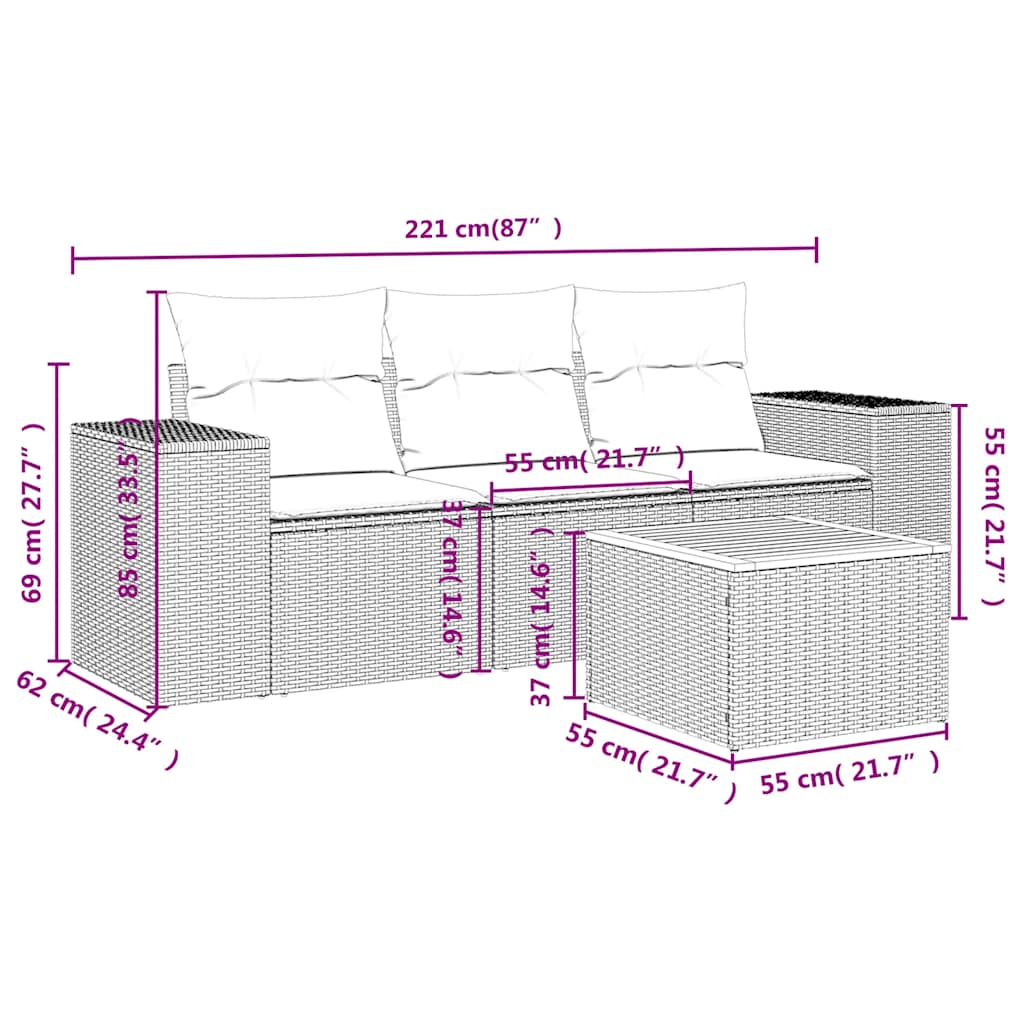 4 Pcs conjunto de sofás para jardim c/ almofadões vime PE preto
