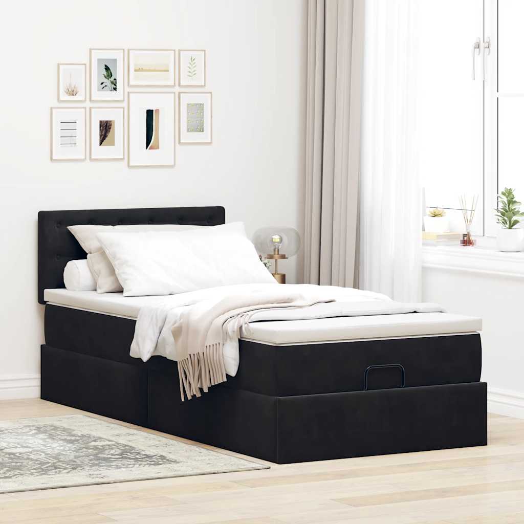 Estrutura de cama otomana com colchão preto 100x200cm veludo