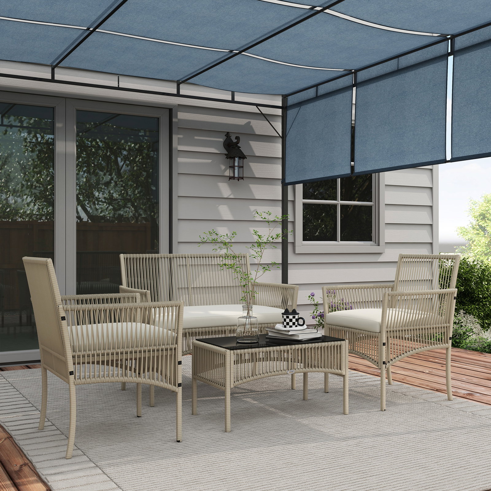 Conjunto de móveis de jardim de vime de 4 peças móveis de varanda com 1 sofá 2 poltronas e mesa de centro cáqui