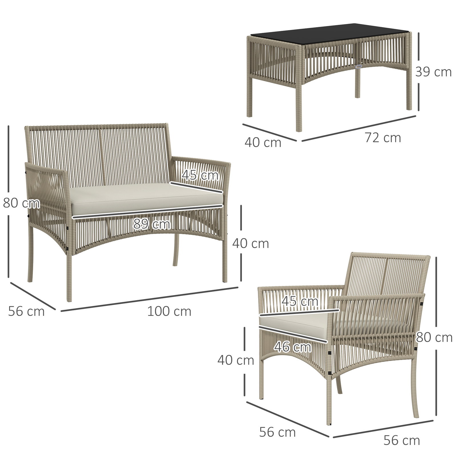 Conjunto de móveis de jardim de vime de 4 peças móveis de varanda com 1 sofá 2 poltronas e mesa de centro cáqui