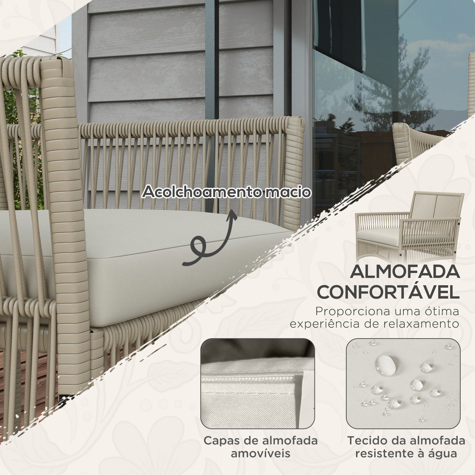 Conjunto de móveis de jardim de vime de 4 peças móveis de varanda com 1 sofá 2 poltronas e mesa de centro cáqui