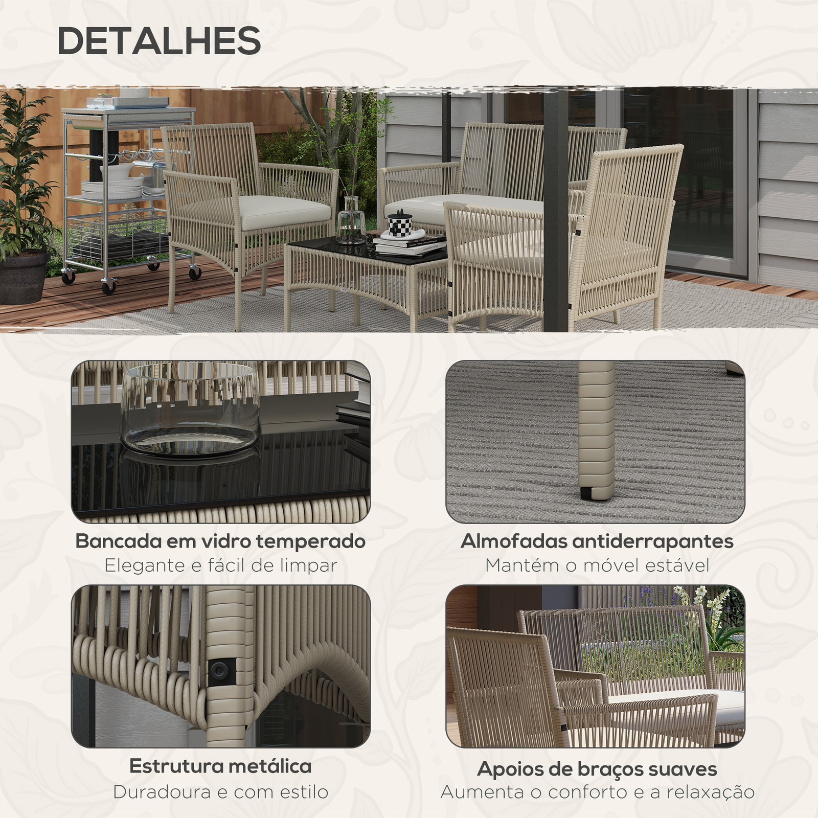 Conjunto de móveis de jardim de vime de 4 peças móveis de varanda com 1 sofá 2 poltronas e mesa de centro cáqui