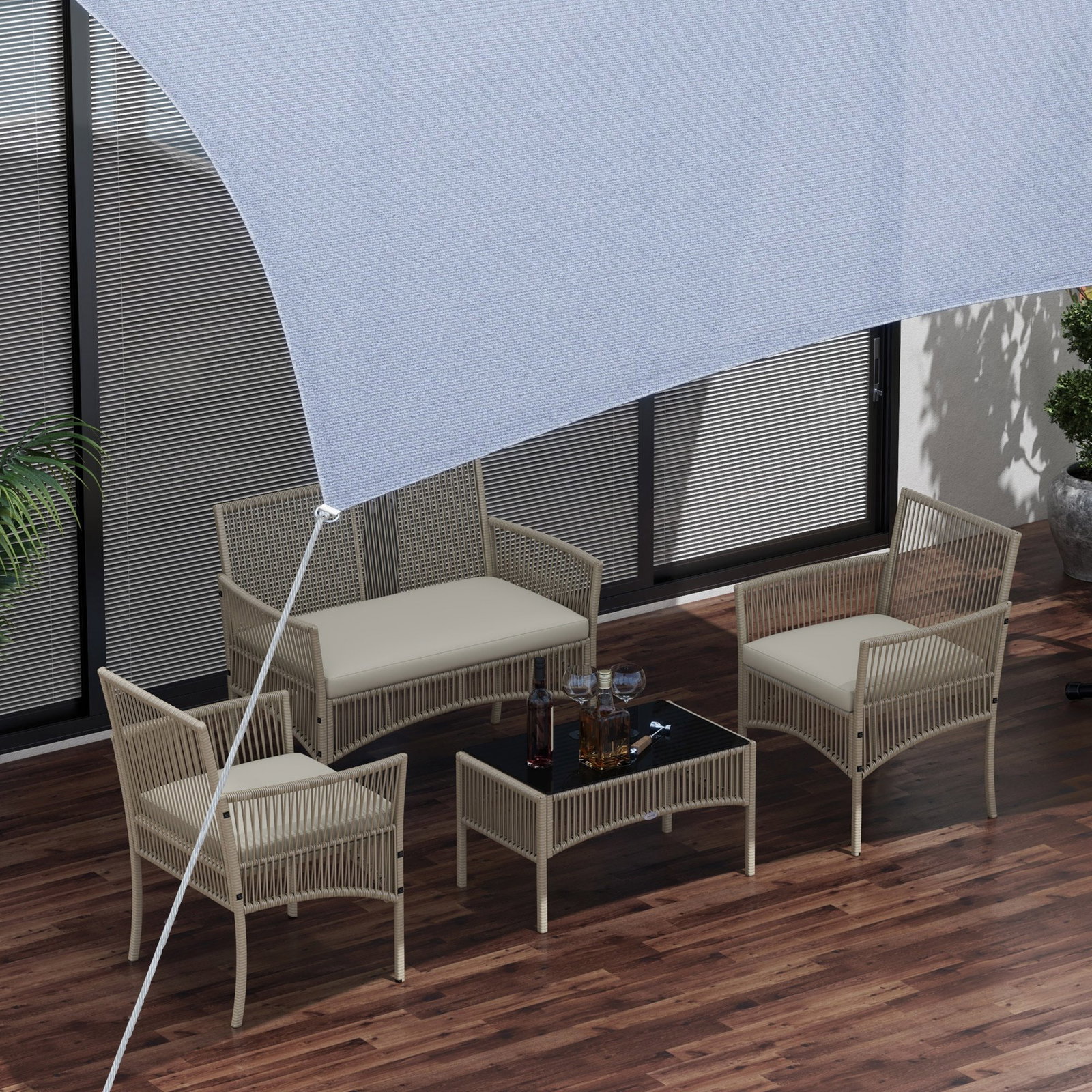 Conjunto de móveis de jardim de vime de 4 peças móveis de varanda com 1 sofá 2 poltronas e mesa de centro cáqui