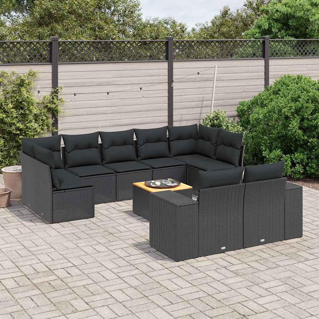 10 Pcs conjunto sofás de jardim c/ almofadões vime PE preto
