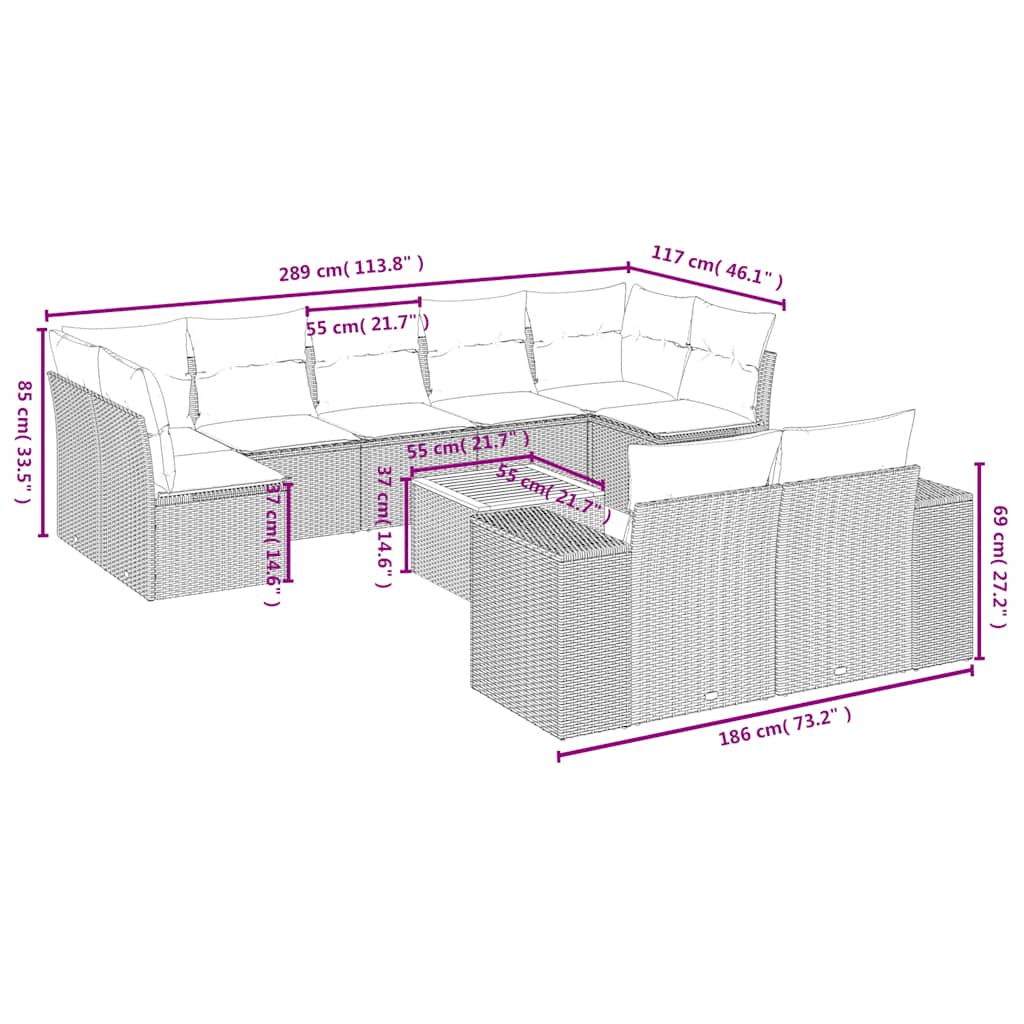10 Pcs conjunto sofás de jardim c/ almofadões vime PE preto