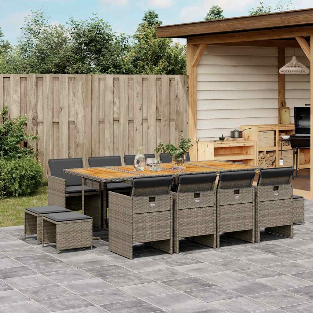 13 Pcs conjunto jantar p/ jardim c/ almofadões vime PE cinzento