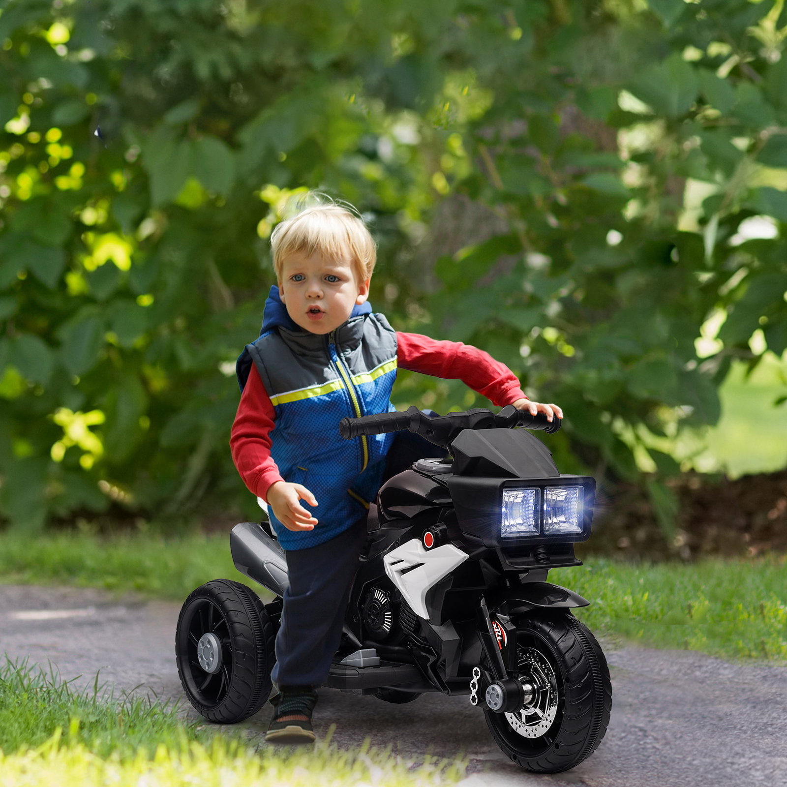 Motocicleta elétrica infantil com 3 rodas para crianças acima de 3 anos bateria 6v com luzes e música 86x42x52 cm branco