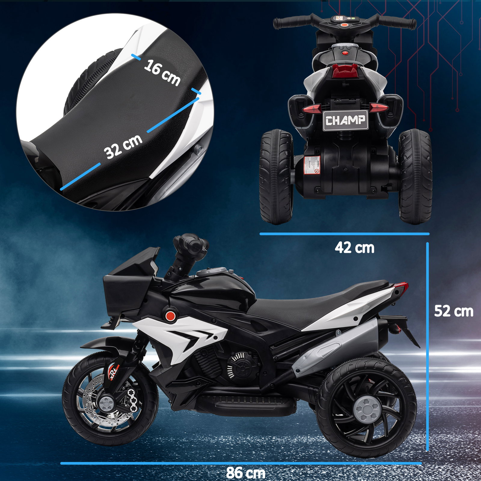 Motocicleta elétrica infantil com 3 rodas para crianças acima de 3 anos bateria 6v com luzes e música 86x42x52 cm branco
