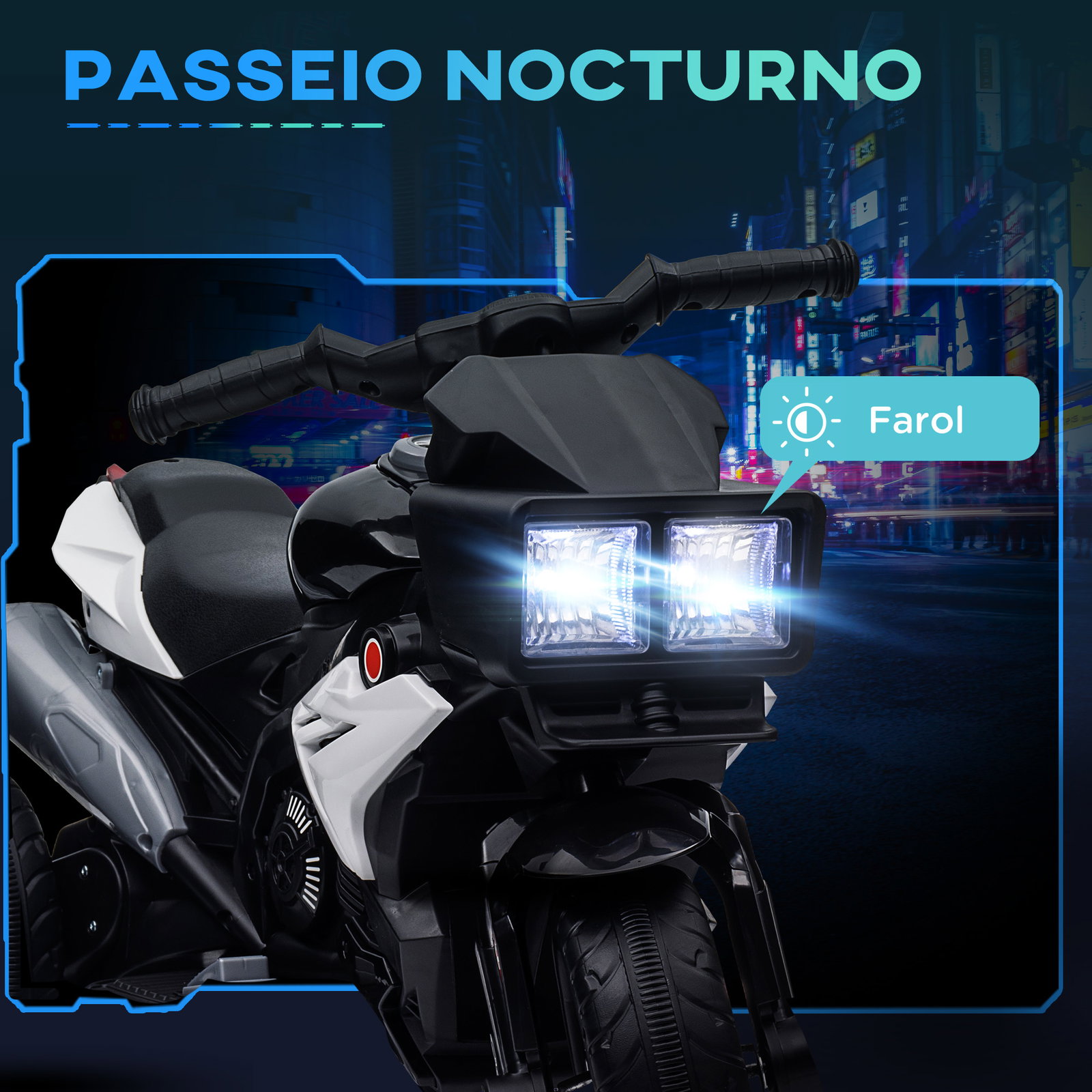 Motocicleta elétrica infantil com 3 rodas para crianças acima de 3 anos bateria 6v com luzes e música 86x42x52 cm branco