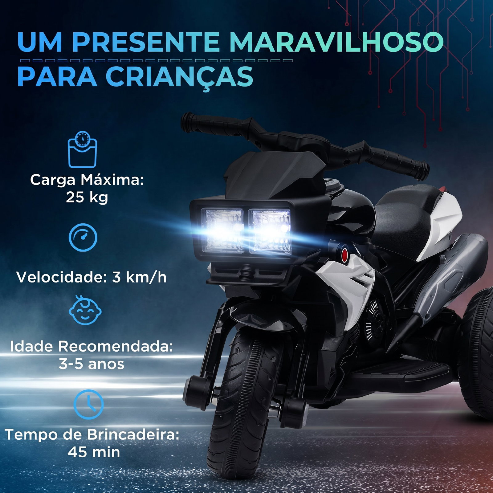 Motocicleta elétrica infantil com 3 rodas para crianças acima de 3 anos bateria 6v com luzes e música 86x42x52 cm branco