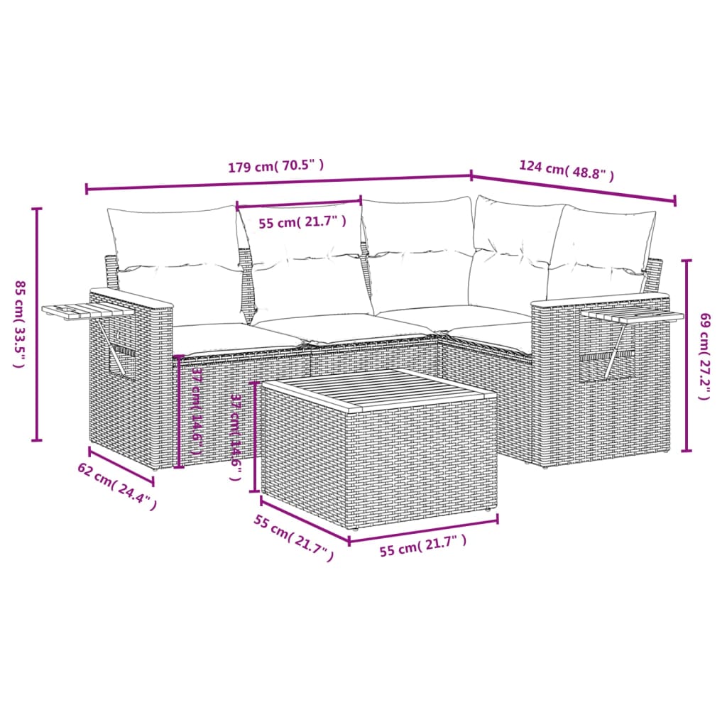 5 Pcs conjunto de sofás p/ jardim com almofadões vime PE bege