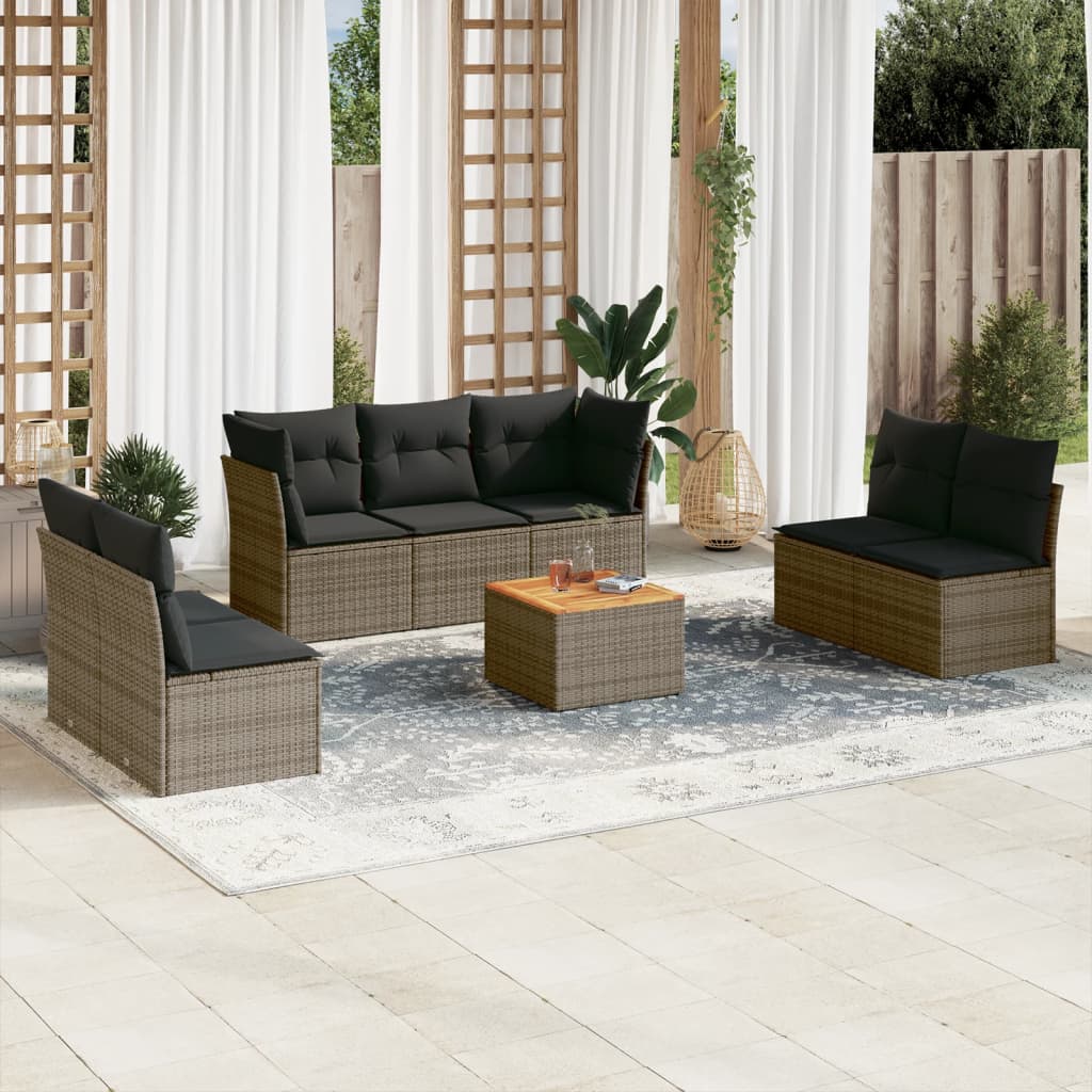 8 Pcs conjunto sofás de jardim c/ almofadões vime PE cinzento