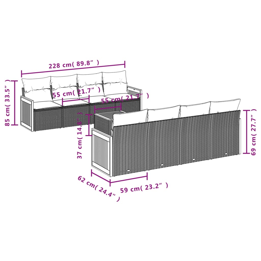 9 Pcs conjunto de sofás p/ jardim com almofadões vime PE bege