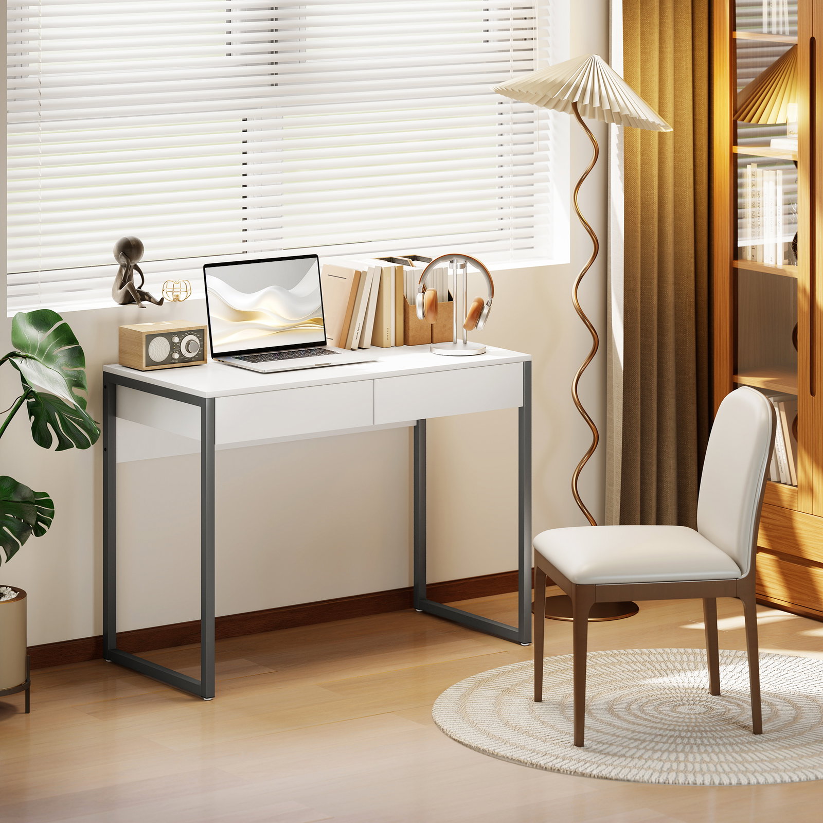 Secretária com 2 gavetas 100x50 cm mesa de computador pernas de aço para casa escritório espaços pequenos branco brilhante