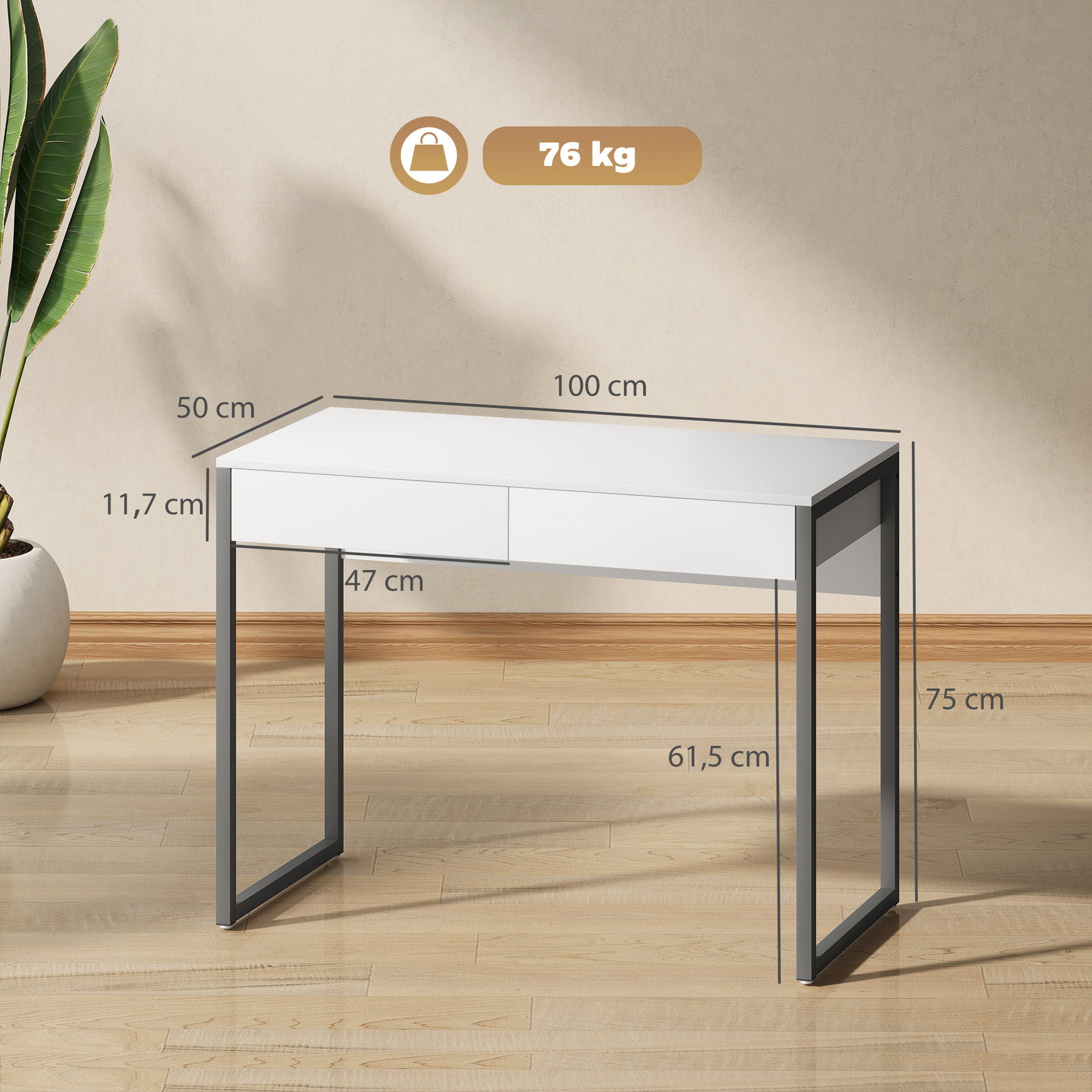 Secretária com 2 gavetas 100x50 cm mesa de computador pernas de aço para casa escritório espaços pequenos branco brilhante
