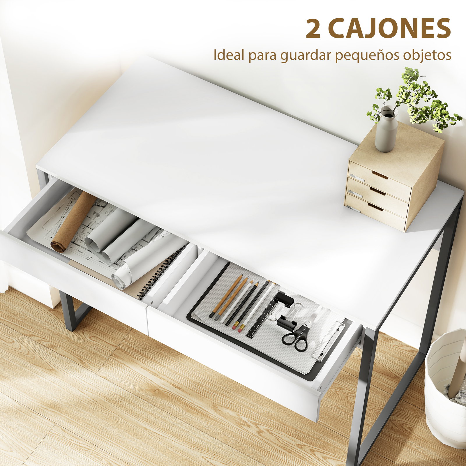 Secretária com 2 gavetas 100x50 cm mesa de computador pernas de aço para casa escritório espaços pequenos branco brilhante