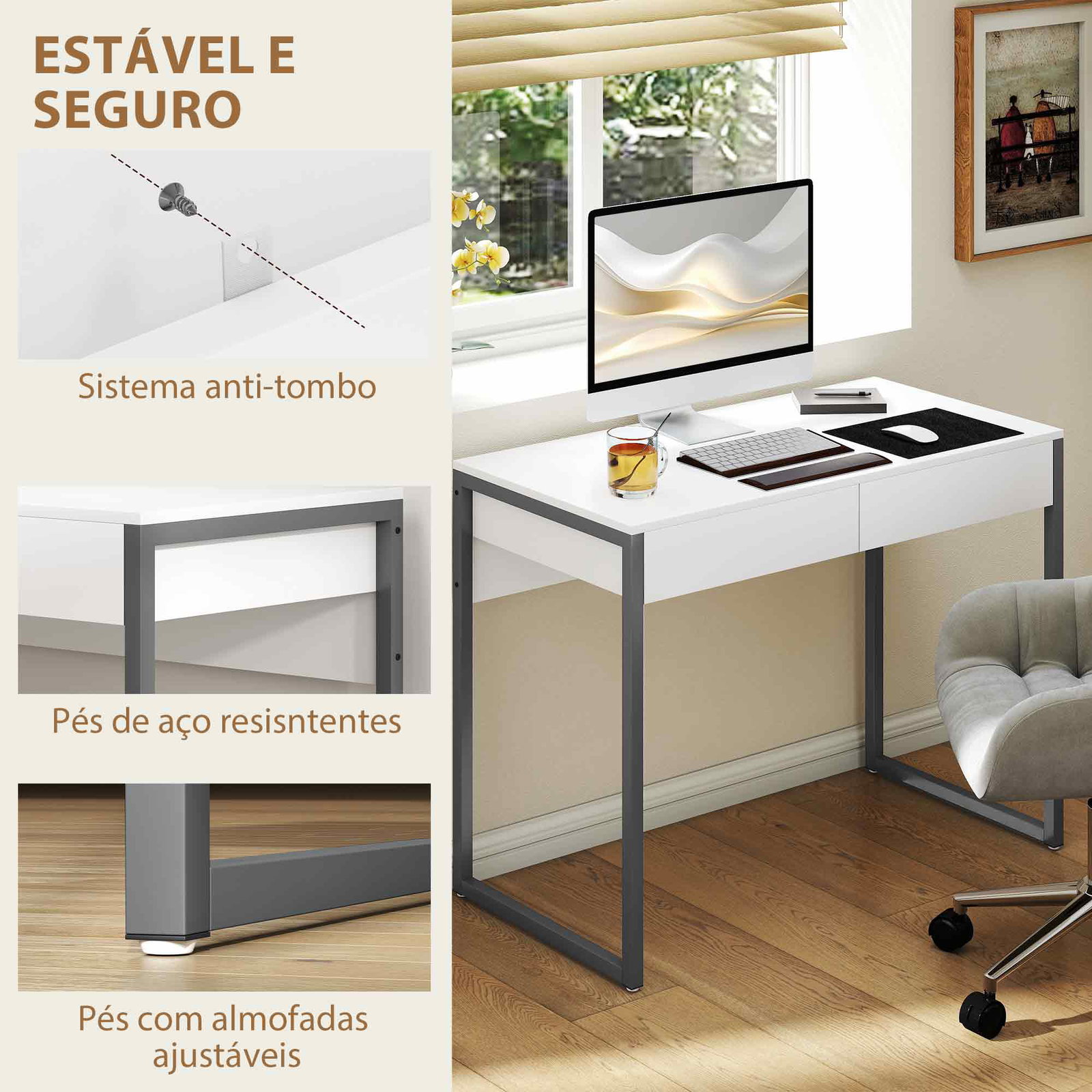 Secretária com 2 gavetas 100x50 cm mesa de computador pernas de aço para casa escritório espaços pequenos branco brilhante