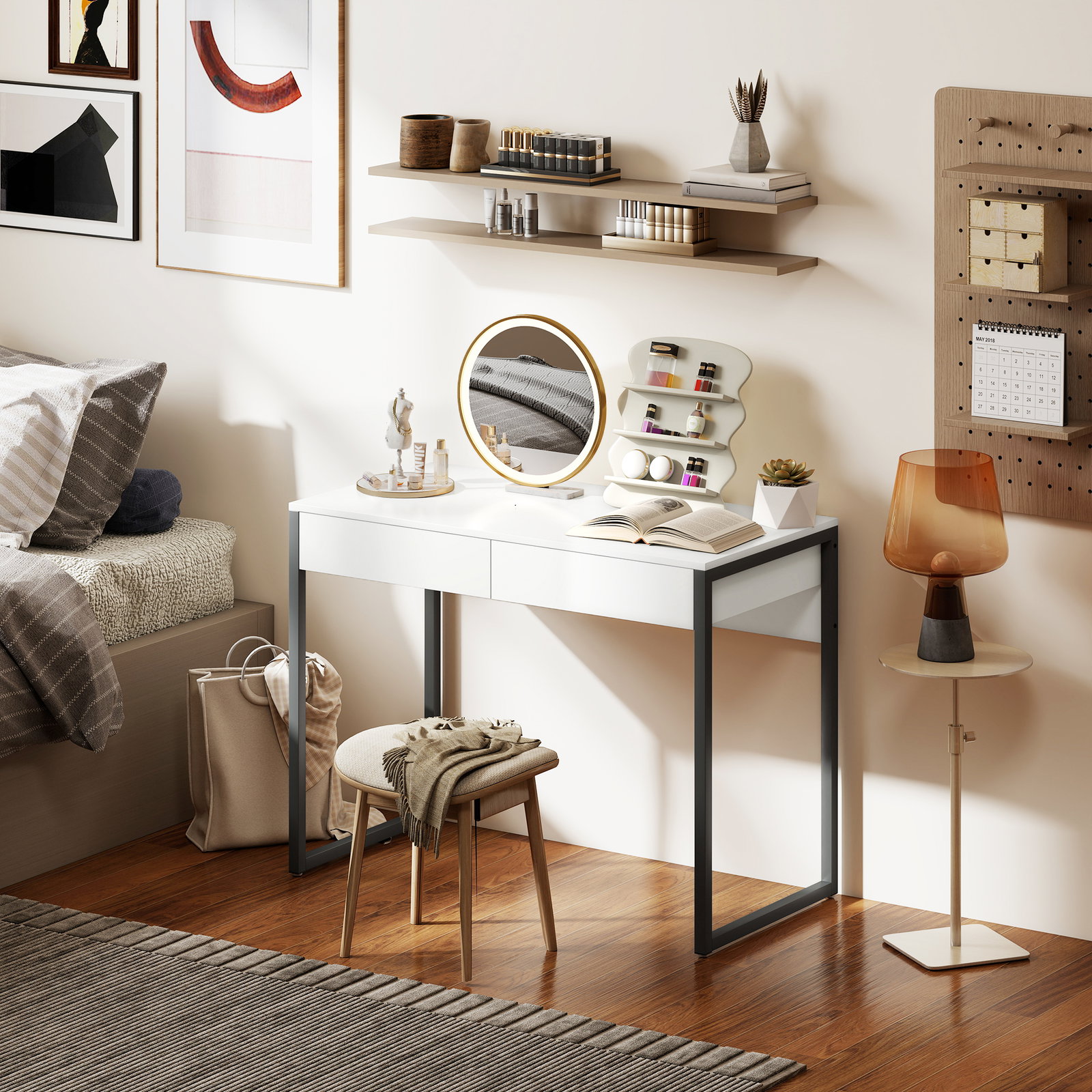 Secretária com 2 gavetas 100x50 cm mesa de computador pernas de aço para casa escritório espaços pequenos branco brilhante