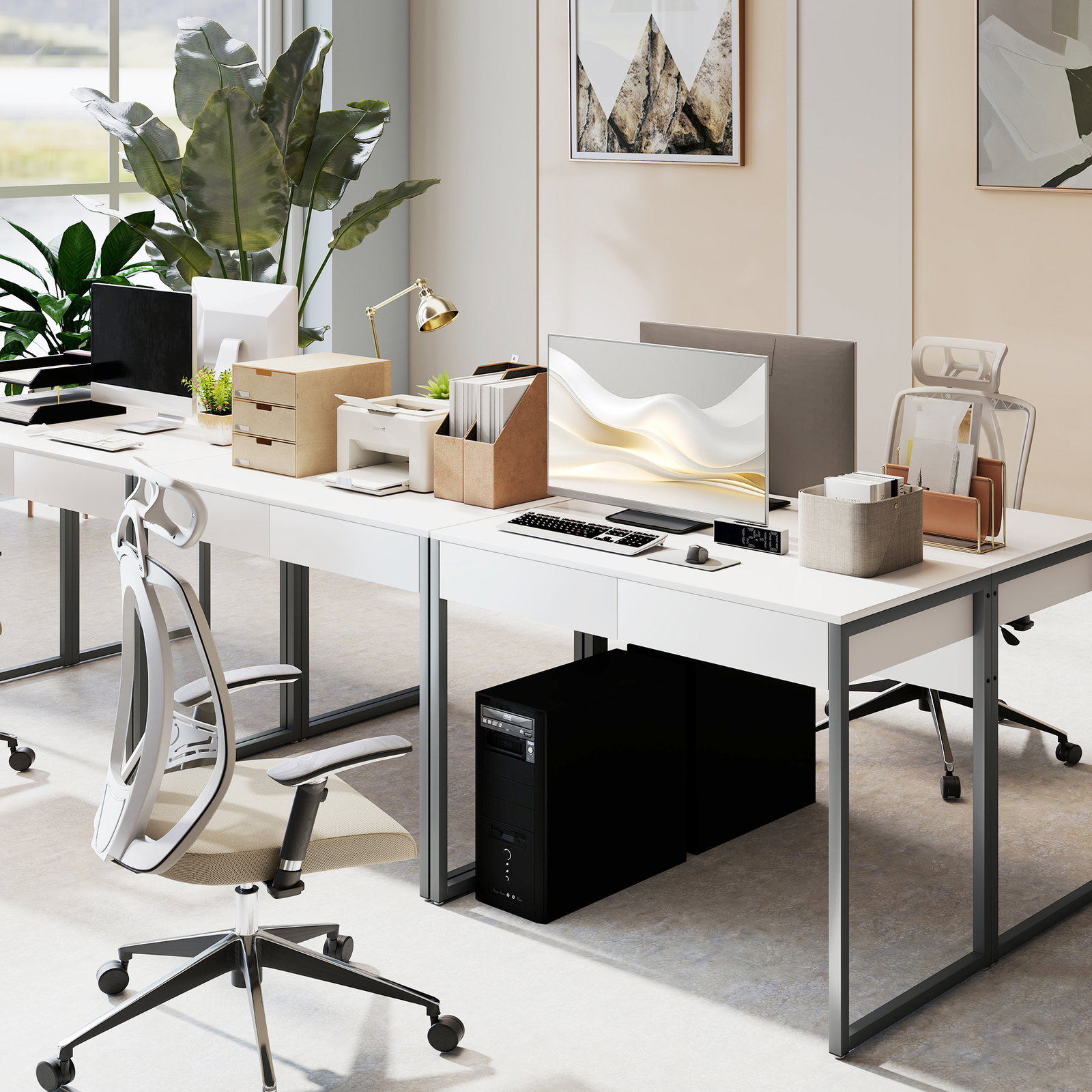 Secretária com 2 gavetas 100x50 cm mesa de computador pernas de aço para casa escritório espaços pequenos branco brilhante