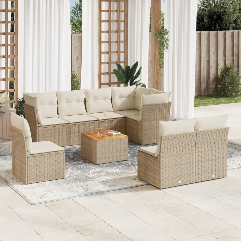 9 Pcs conjunto de sofás p/ jardim com almofadões vime PE bege