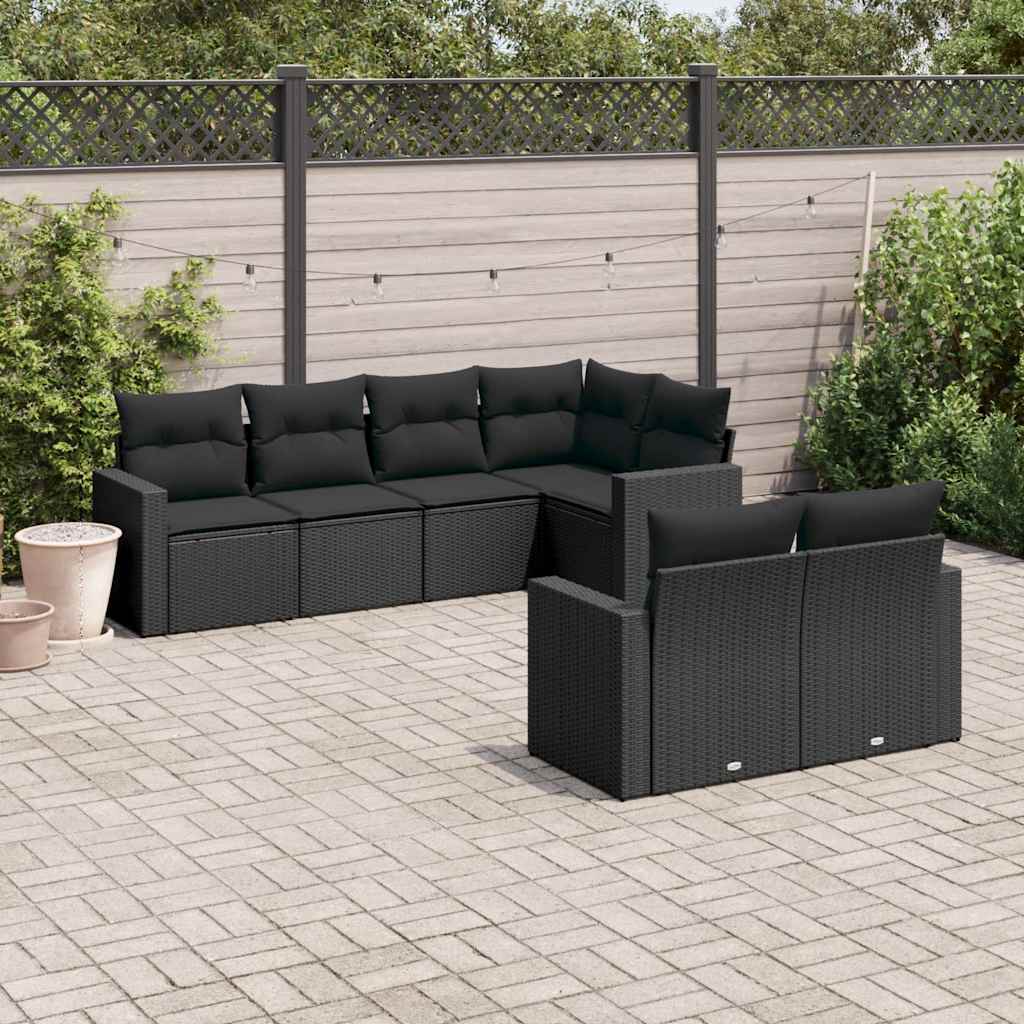 7 Pcs conjunto de sofás p/ jardim c/ almofadões vime PE preto