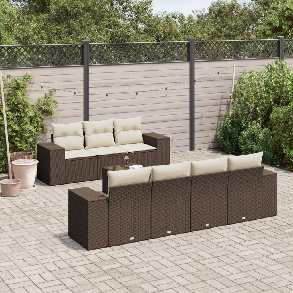 8 Pcs conjunto sofás de jardim c/ almofadões vime PE castanho