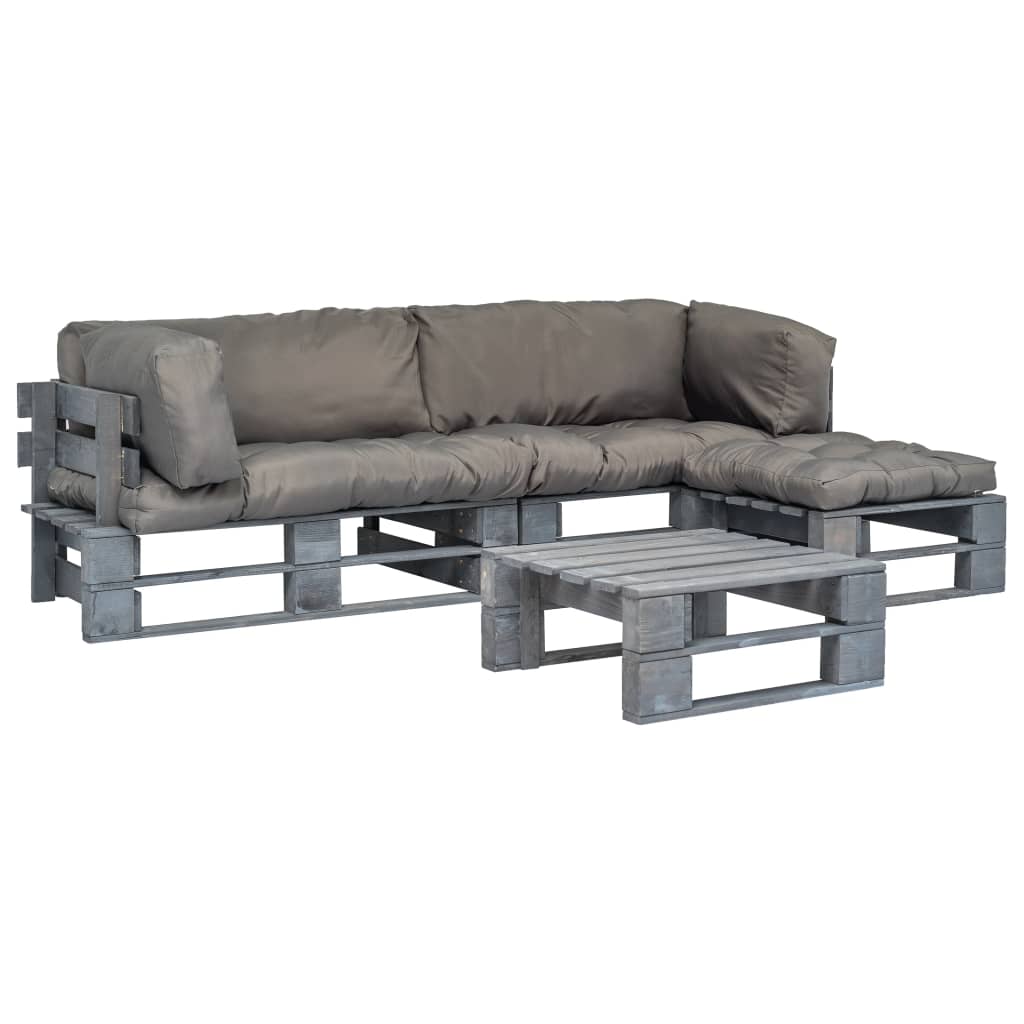 Conj. lounge de paletes 4 pcs com almofadões cinzentos madeira