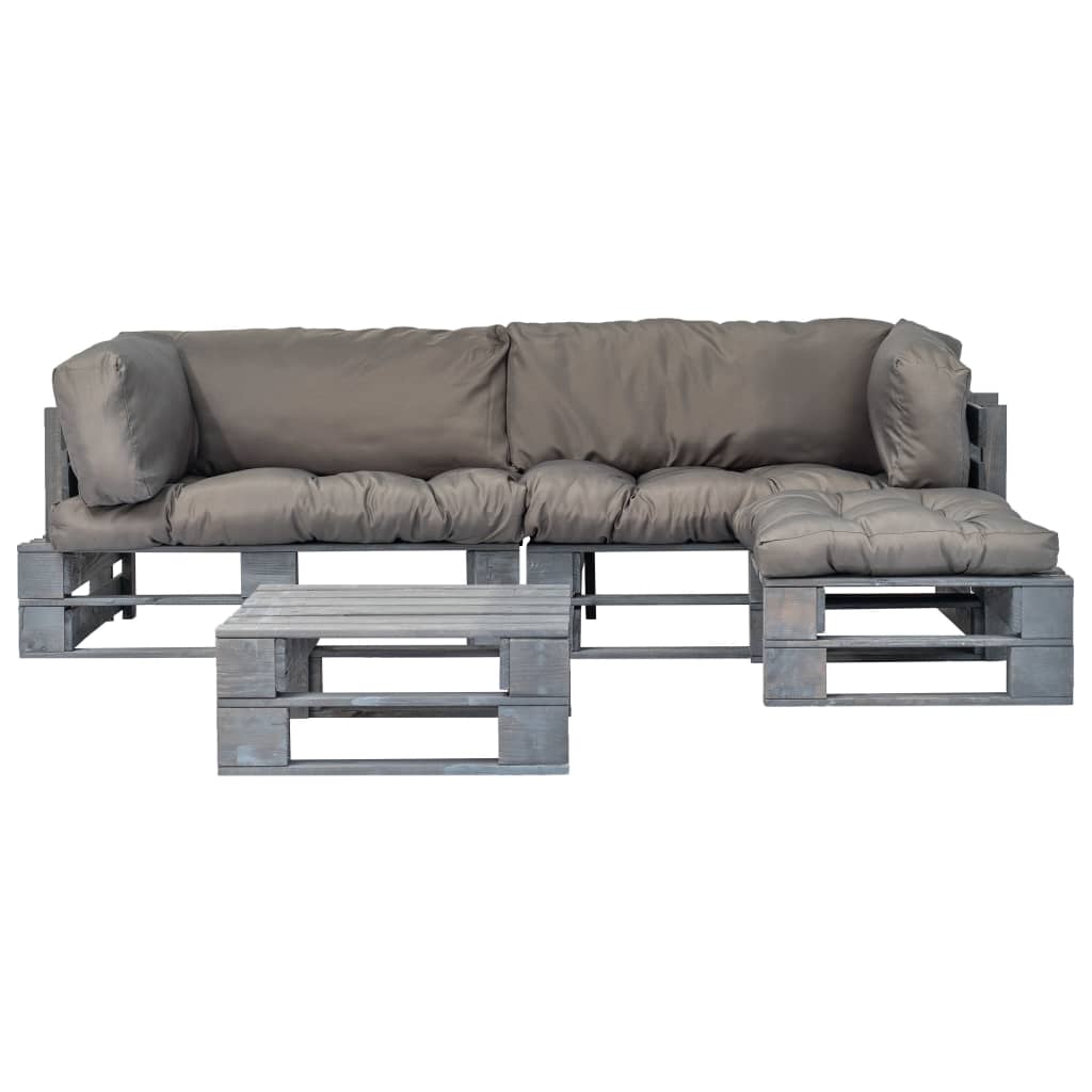 Conj. lounge de paletes 4 pcs com almofadões cinzentos madeira