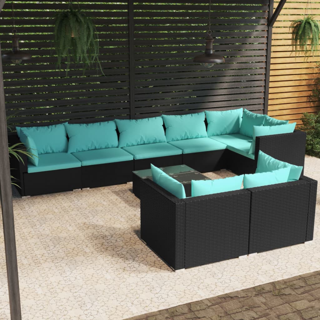 9 Pcs conjunto lounge de jardim c/ almofadões vime PE preto