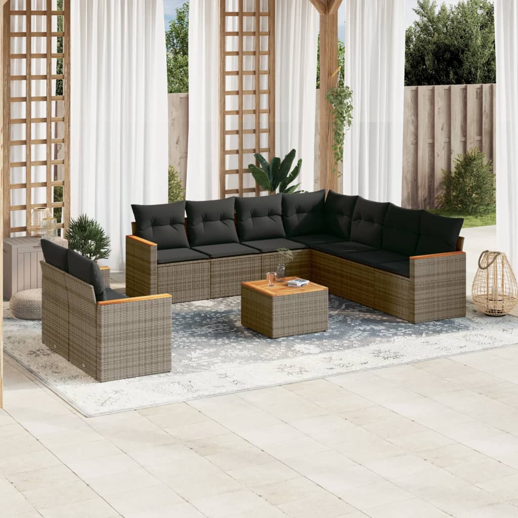 10 Pcs conjunto sofás de jardim c/ almofadões vime PE cinzento