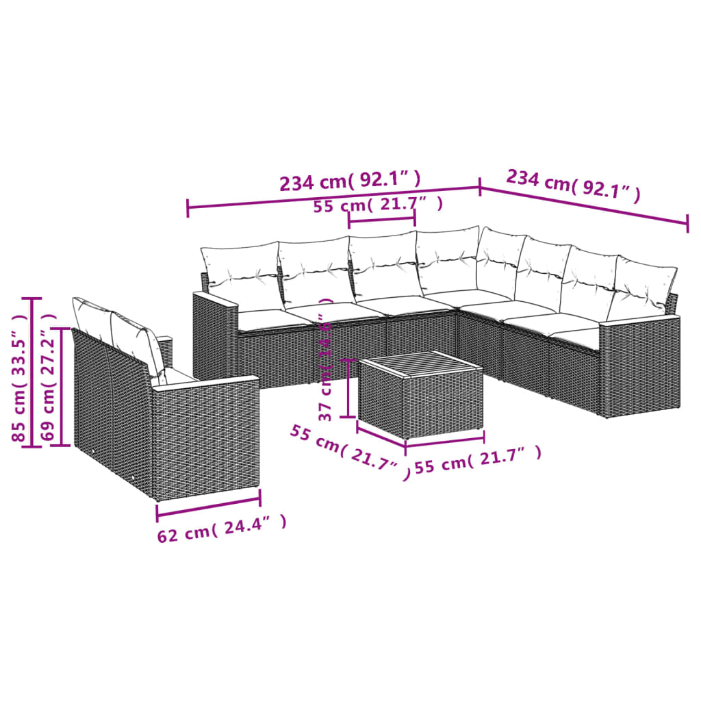 10 Pcs conjunto sofás de jardim c/ almofadões vime PE cinzento