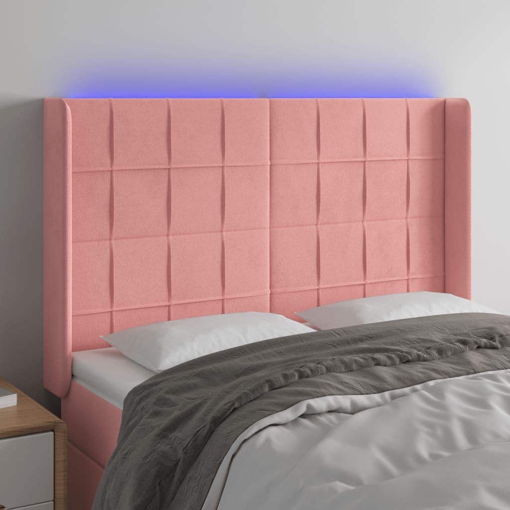 Cabeceira de cama c/ luzes LED veludo 147x16x118/128 cm rosa