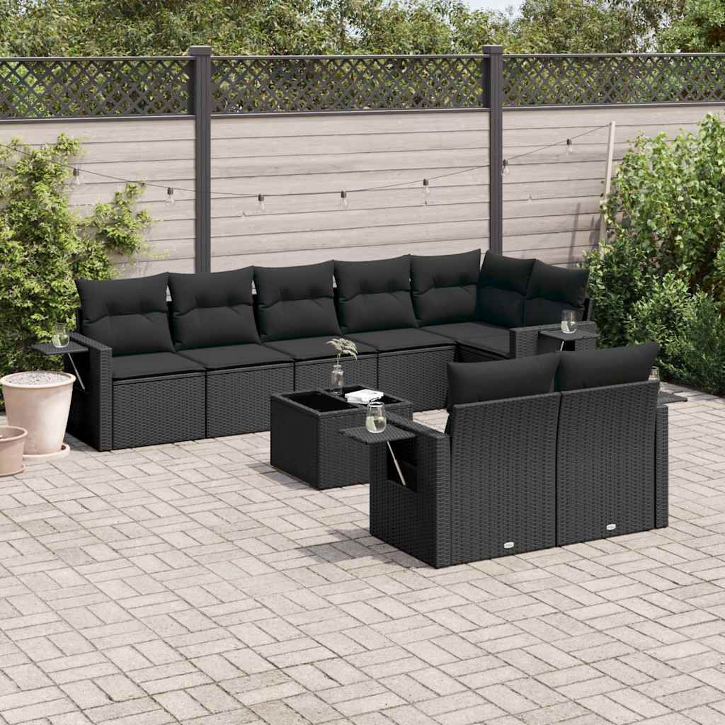 9 Pcs conjunto de sofás p/ jardim c/ almofadões vime PE preto