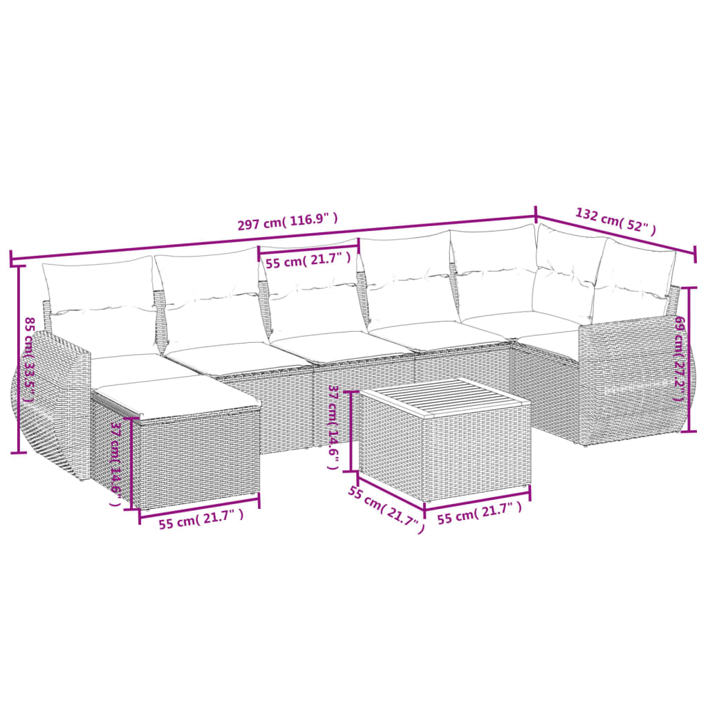 8 Pcs conjunto sofás de jardim com almofadões vime PE preto