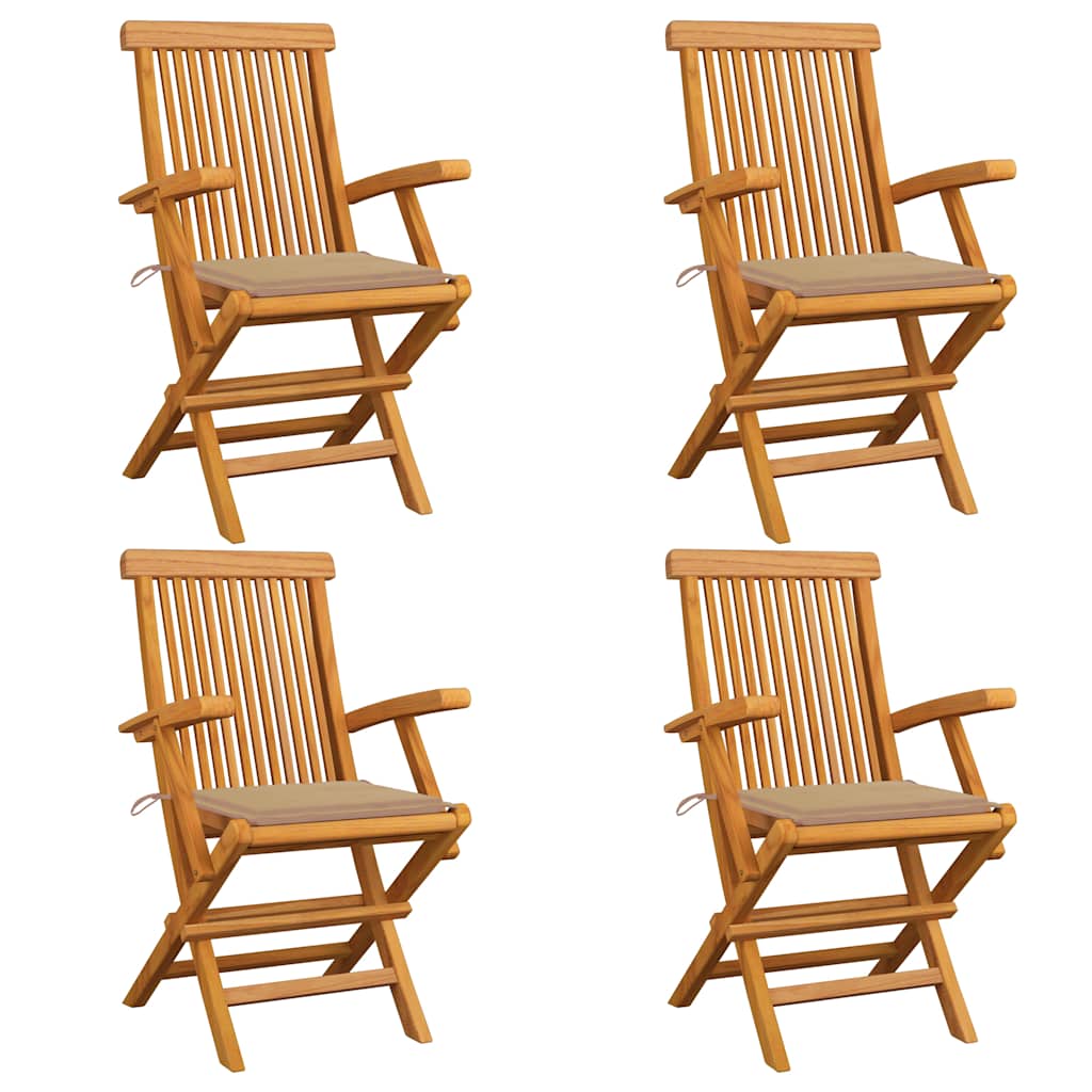Cadeiras de jardim c/ almofadões beges 4 pcs teca maciça