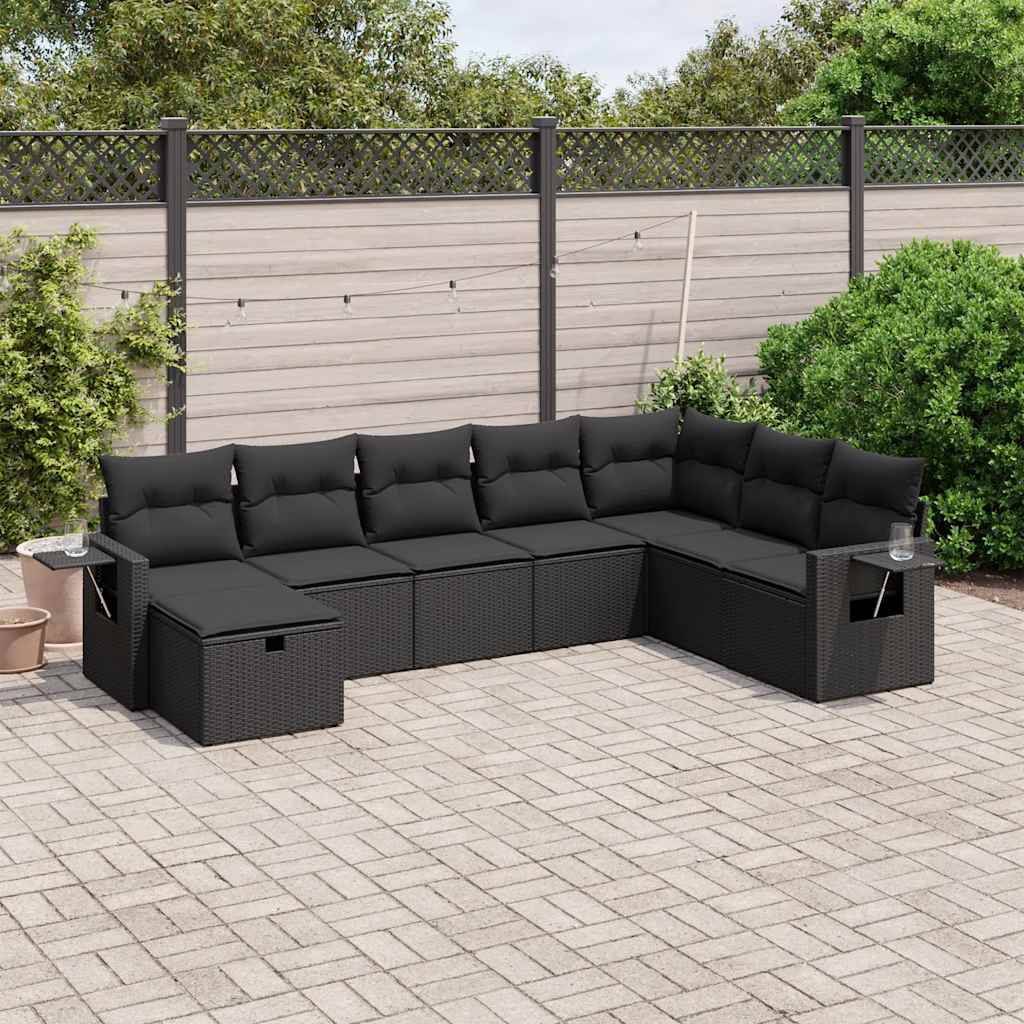 8 Pcs conjunto sofás de jardim com almofadões vime PE preto