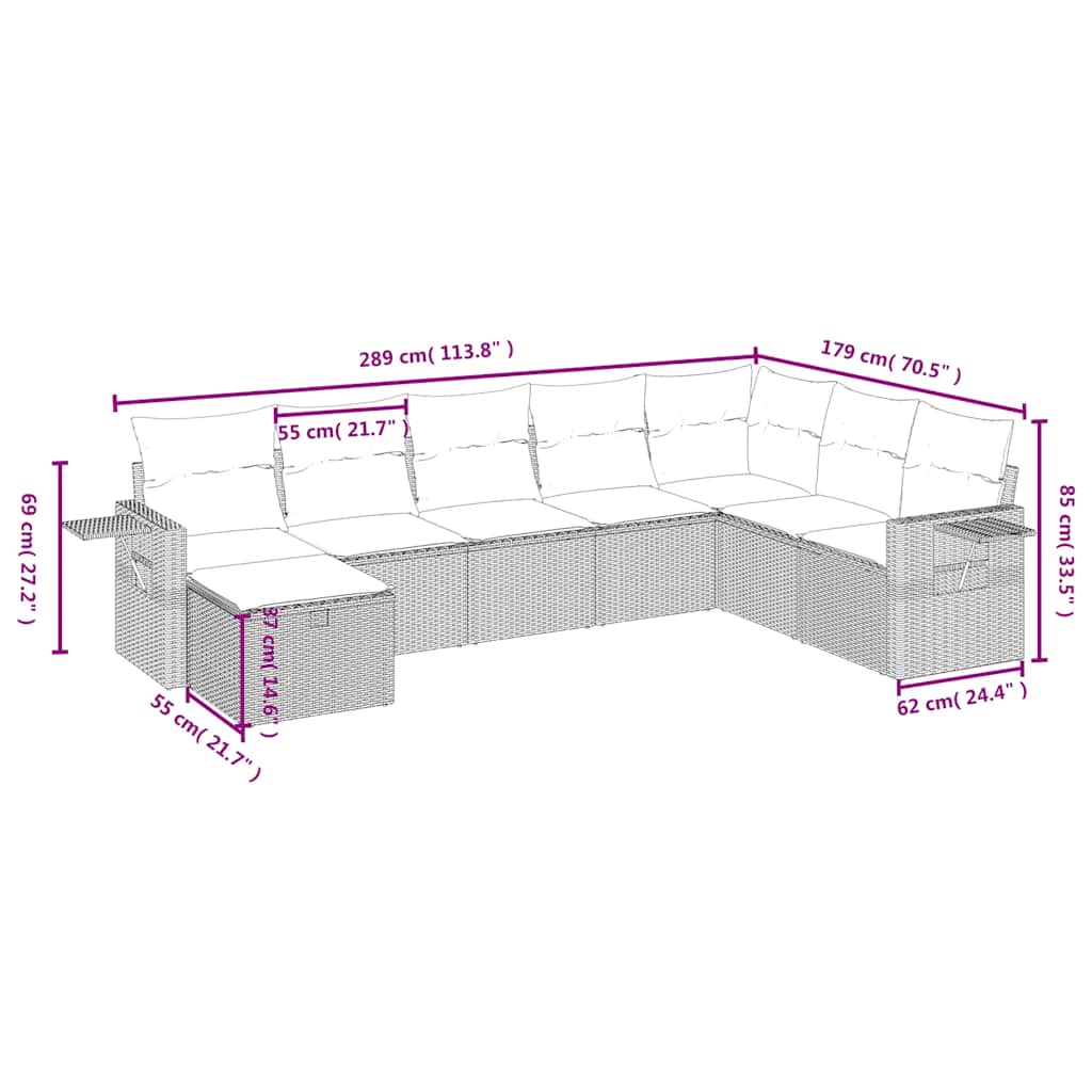 8 Pcs conjunto sofás de jardim com almofadões vime PE preto